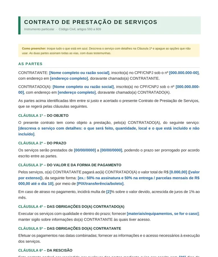 Prévia: Modelo de Contrato de Prestação de Serviço