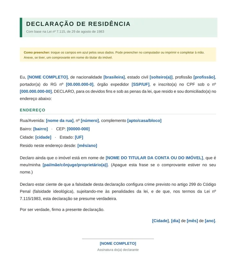 Prévia: Modelo de Declaração de Residência