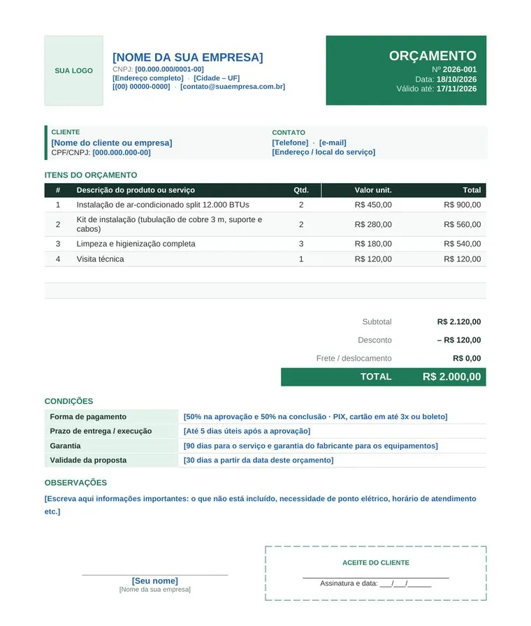 Prévia: Modelo de Orçamento para Clientes