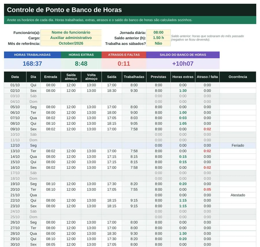 Prévia: Planilha de Controle de Ponto e Banco de Horas